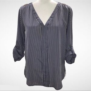 Zara Striped Popover V Neck Blouse Navy Blue White Size Small Nautical